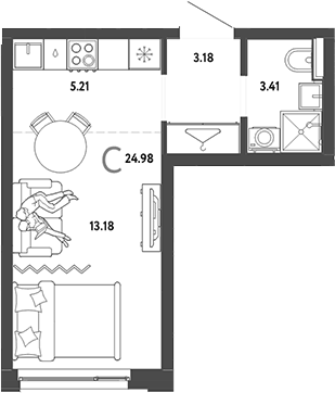 Планировка Студия, 24,98 м² в ЖК Страна.Энтузиастов